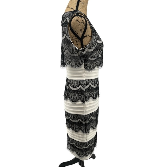 Sangria Petite Black Cream Sheath Knee Length Dress Lace‎ Tiered Flapper Gatsby - Picture 3 of 12
